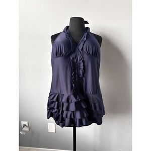 Navy Blue vintage look Ruffled Halter Swimsuit Swimdress Swimwear Beach Vacation